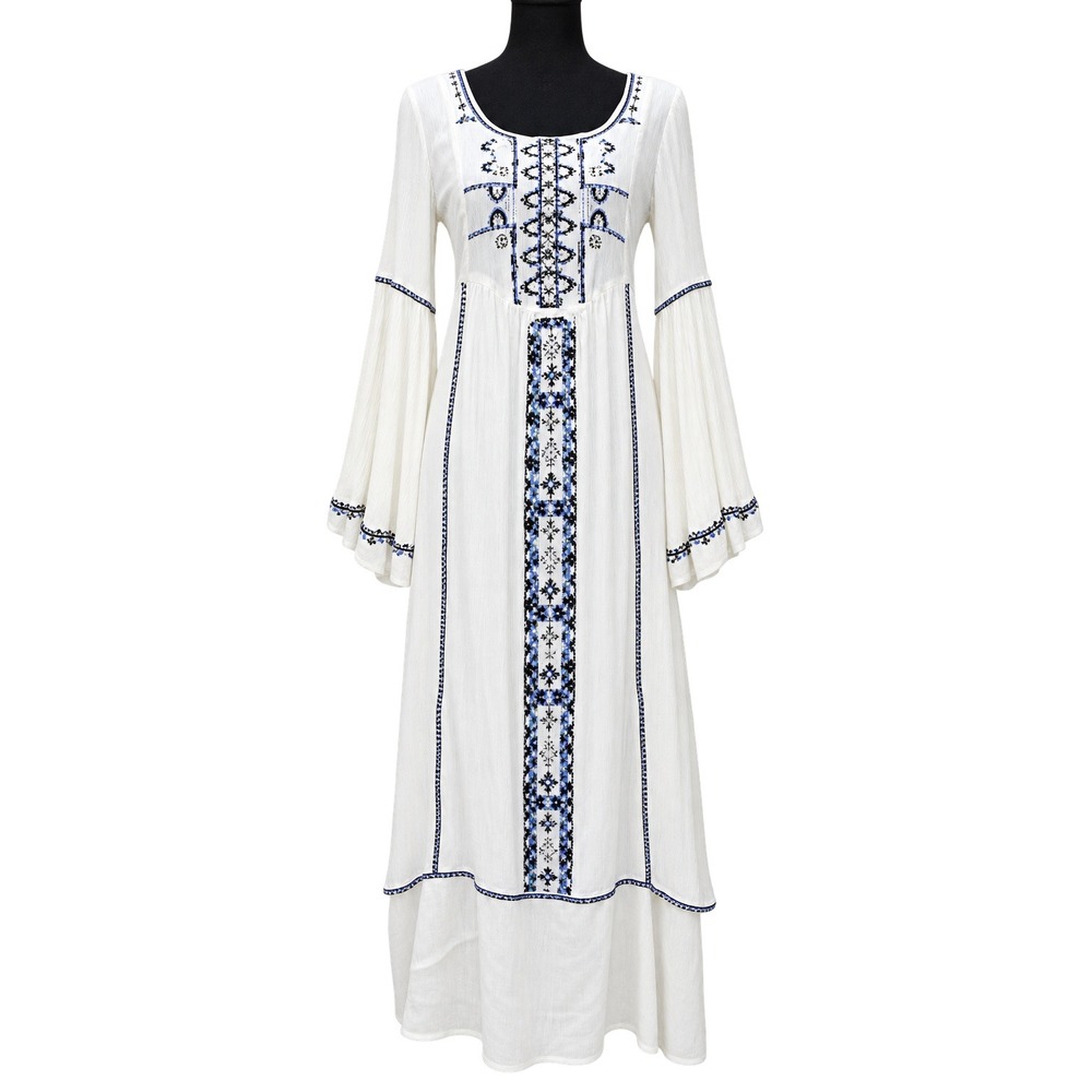 Boho Embroidered Maxi Dress Ivory Gauze Peasant Festival Anthropologie Large
